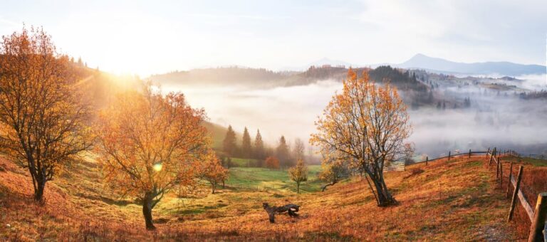 Ampio panorama collinoso soleggiato in autunno con nebbia sul fondovalle